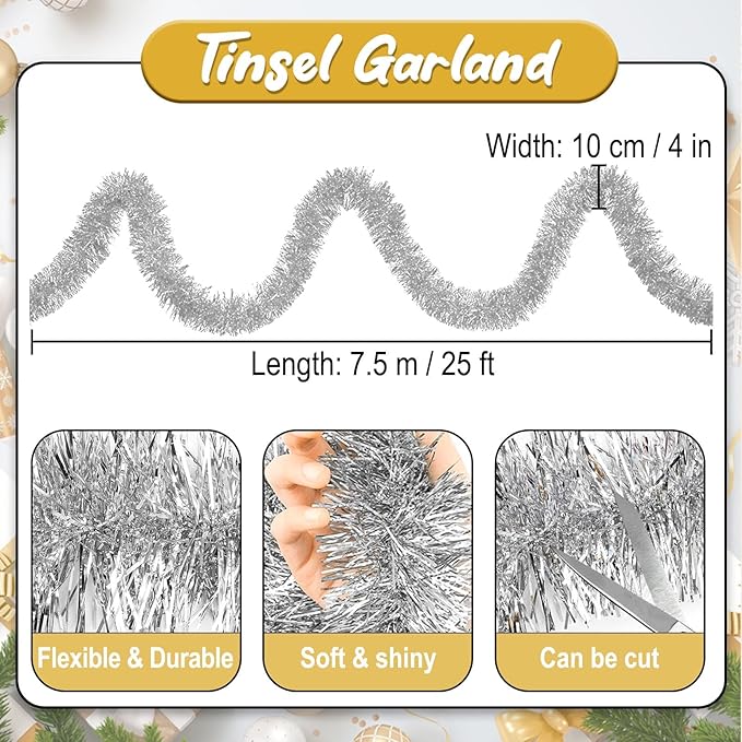 25 Feet Silver Christmas Tinsel Garland, Metallic Foil Twist Banner Wall - Image 2