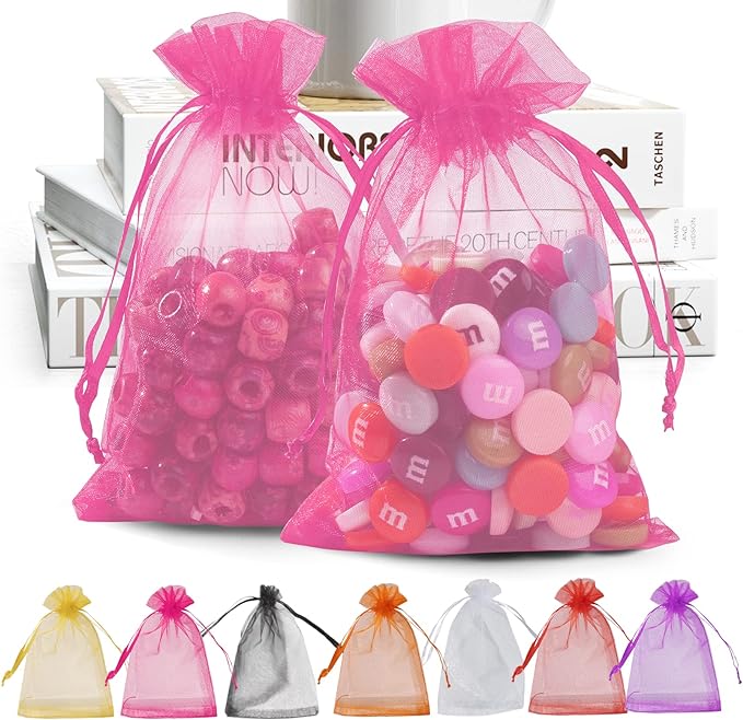 ANZNKU 100 Pack 4x6 inches Pink Drawstring Organza Mesh Bags, Wedding Favor by ANZNKU
