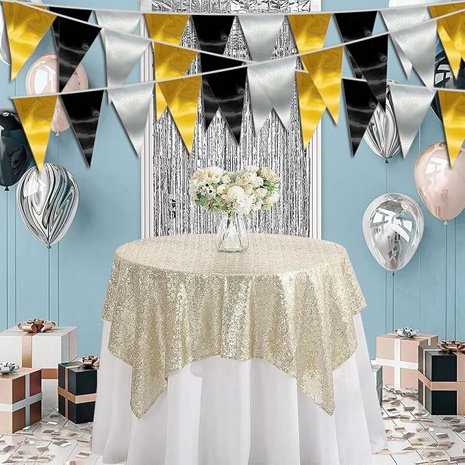 20M/65FT Black Gold Silver Triangle Pennant Banner Flag Metallic Fabric Bunting - Image 3