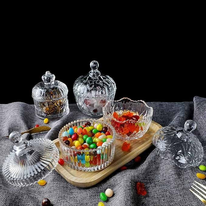 INFTYLE Glass Candy Dish with Lid Set of 4 Crystal Glass Candy Jar Jewelry Box - Image 5