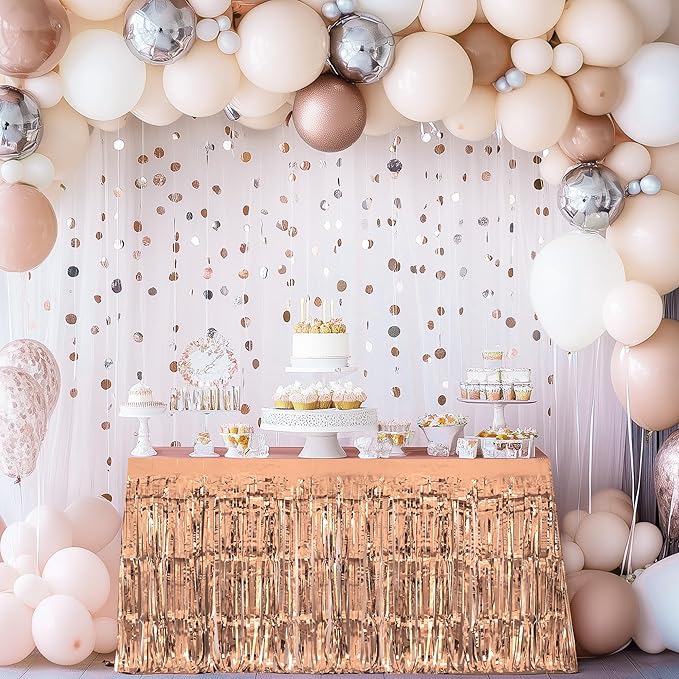 2 Pack Rose Gold Table Skirts, 29x108" Metallic Foil Tinsel Fringe Table Skirts - Image 2