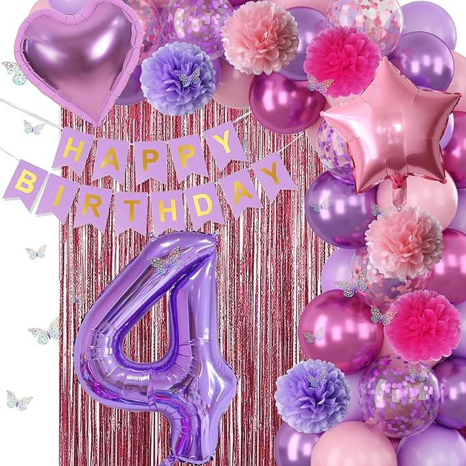 Pink Purple 4th Birthday Party Decorations - Image 8