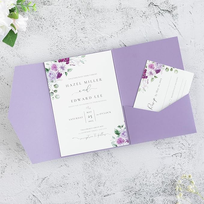 20 PCS Lilac Tri-fold Laser Cut Wedding Invitation Pockets - Image 8