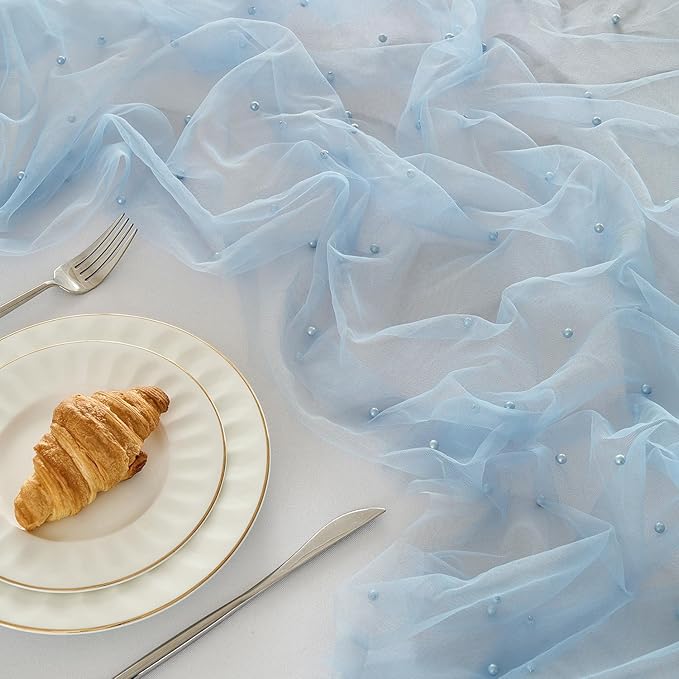 Fanami 6 Pack Pearl Table Runner -10FT Dusty Blue Boho Tulle Table Runners 120 - Image 2