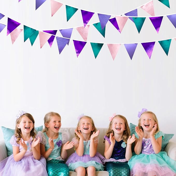 Mermaid Party Decorations Purple Pink and Teal Aqua Metallic Fabric Triangle - Image 4