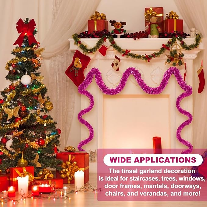 25 Feet Fuchsia Christmas Tinsel Garland, Metallic Foil Twist Banner Wall - Image 3