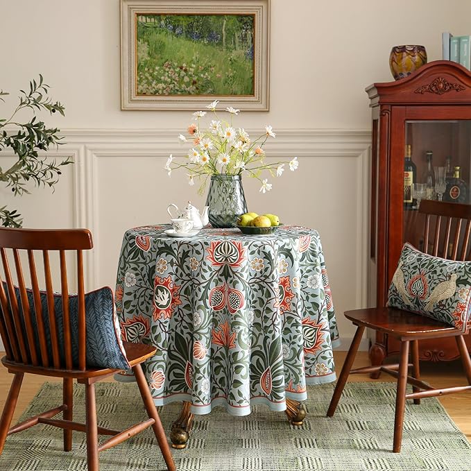 ISAENNE Designer Bohemian Linen Green Round Tablecloth, Floral Indoor Table - Image 2