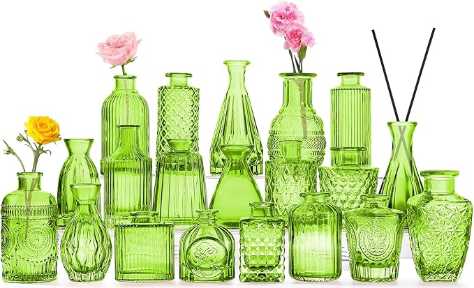 Green Glass Bud Vase Set, Mini Single Vintage Style by QLOFEI