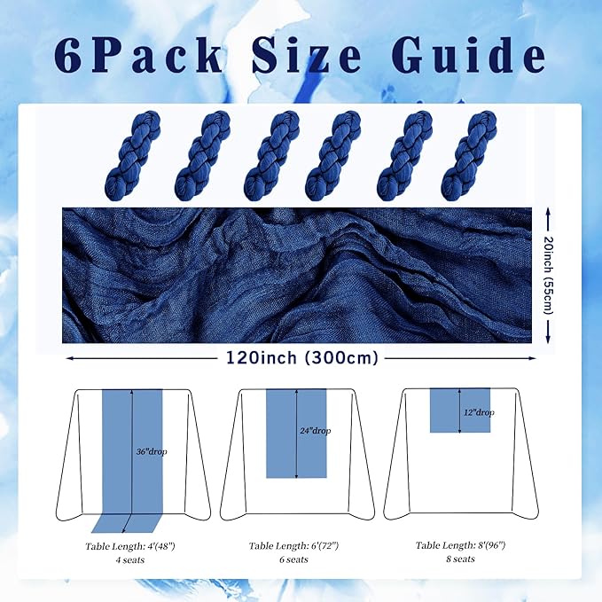 10FT 6 Pack Royal Blue Cheesecloth Table Runner 20 x 120 Inch Long Rustic Gauze - Image 2