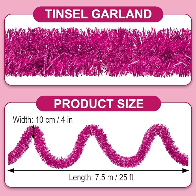 25 Feet Fuchsia Christmas Tinsel Garland, Metallic Foil Twist Garland Wall - Image 2
