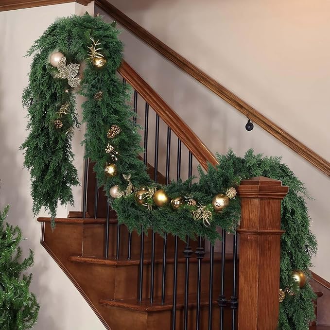 Hananona 9 FT Artificial Cedar Garlands, Real Touch Winter Cedar Pine Garland - Image 6