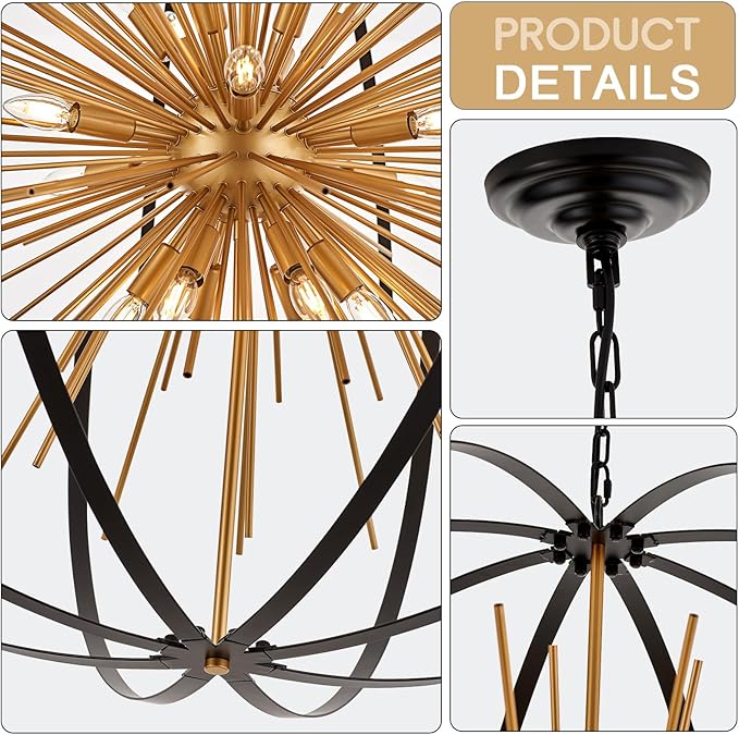 43.3" Black Gold 18-Light Globe Sputnik Chandelier Modern Adjustable Hanging - Image 4