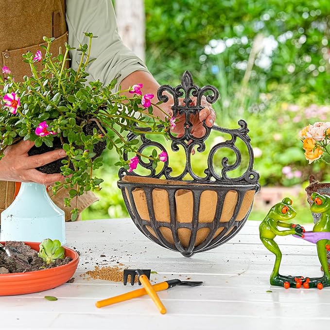 Sungmor 2PC Small Cast Iron Baskets, Heavy-Duty Wall Hanging Hollow Planter - Image 2