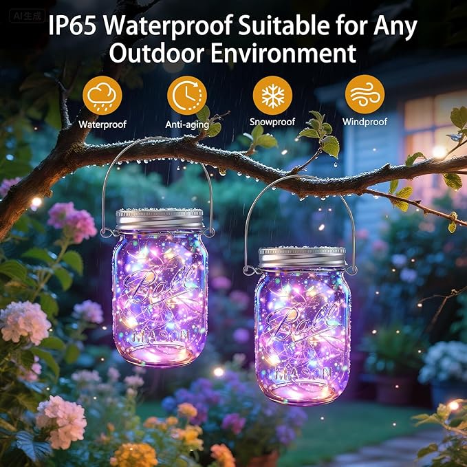 Solar Mason Jar Lights, 12 Pack 30 LED Firefly Fairy String Lights, Waterproof - Image 6