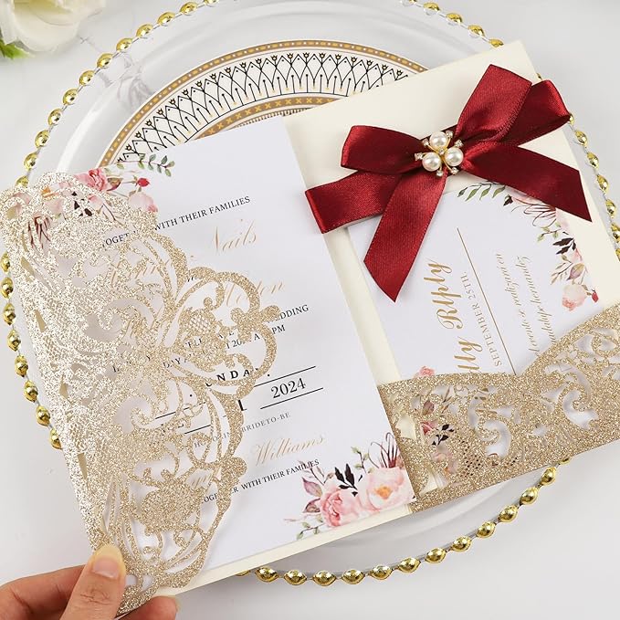 25pcs Gold Glitter Laser Cut Invitations Tri-Fold Blank Personalized Wedding - Image 3