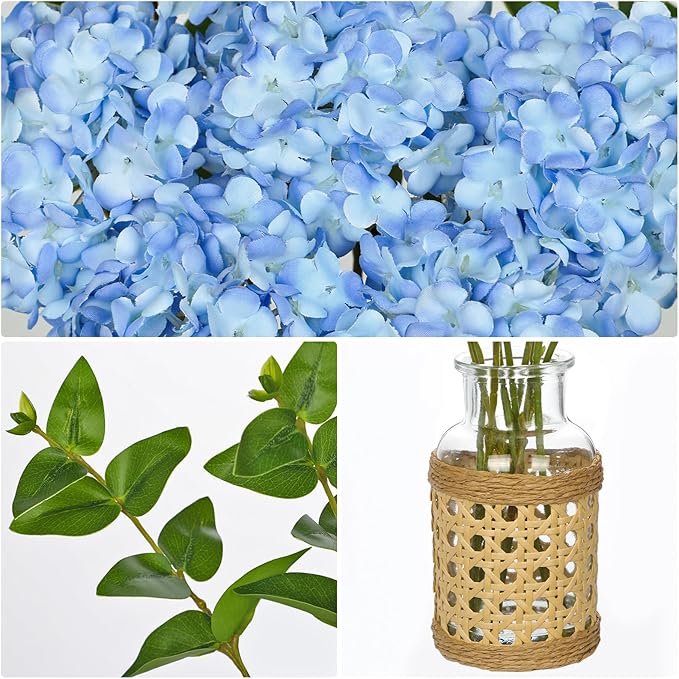 Hollyone Blue Hydrangea Artificial Flowers in Woven Glass Vase - Image 7