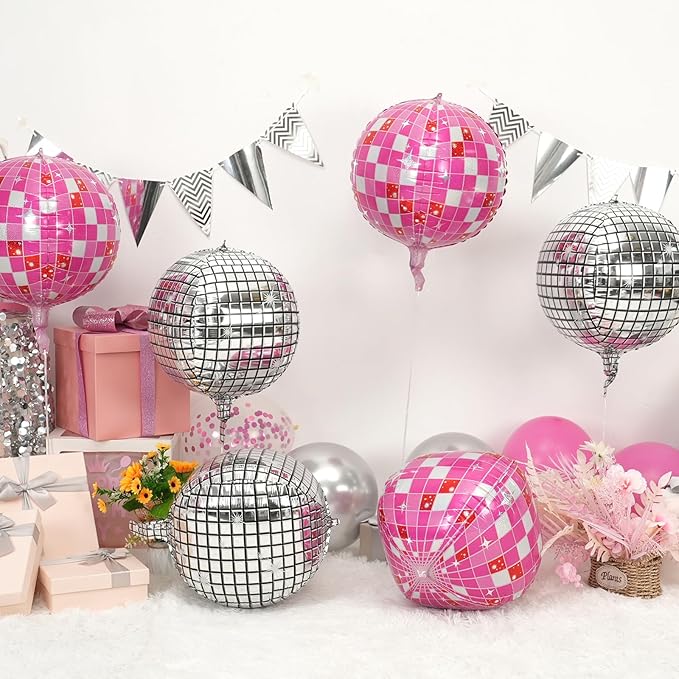 Disco Ball Balloons Pink Silver 4PC, Foil Disco Balloons 22 Inch 4D Round Pink - Image 4