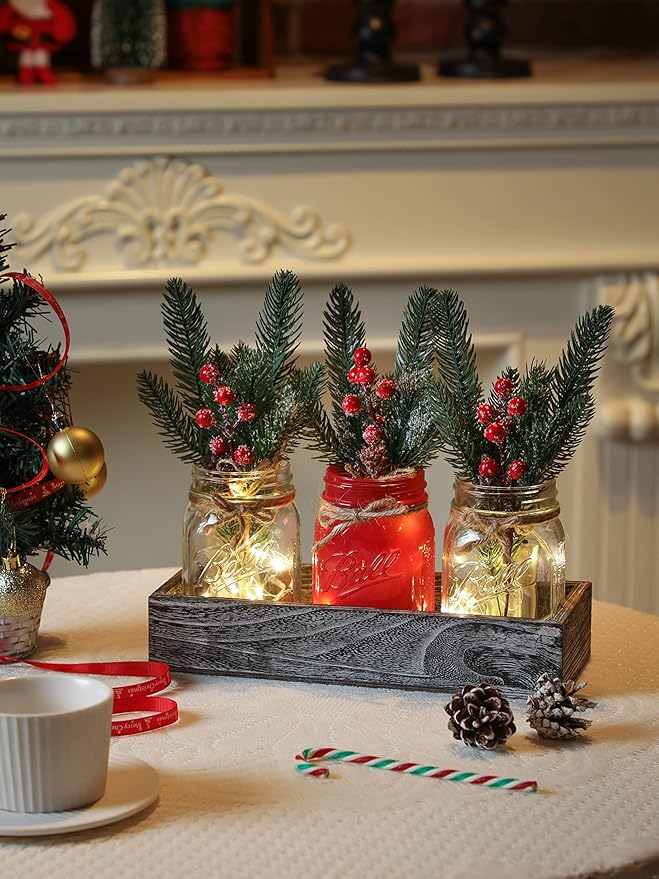 Christmas Mason Jars, Christmas Centerpiece Table Settings, Wood Tray - Image 2