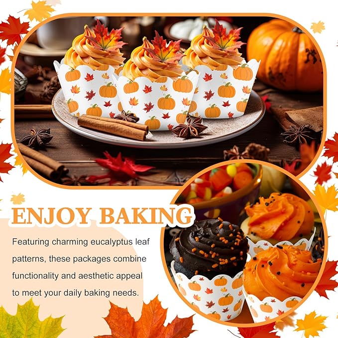 Domensi 100 Pcs Fall Pumpkin Maple Leaf Cupcake Wrappers Rustic Cupcake Liners - Image 2