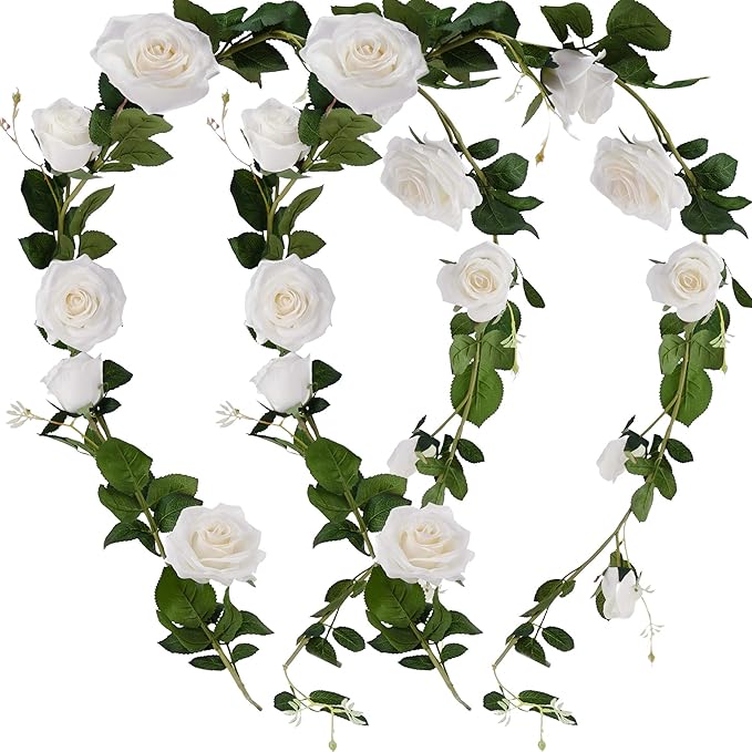 FiveSeasonStuff Floral White Artificial Silk Roses Flower Garland, Bendable by FiveSeasonStuff
