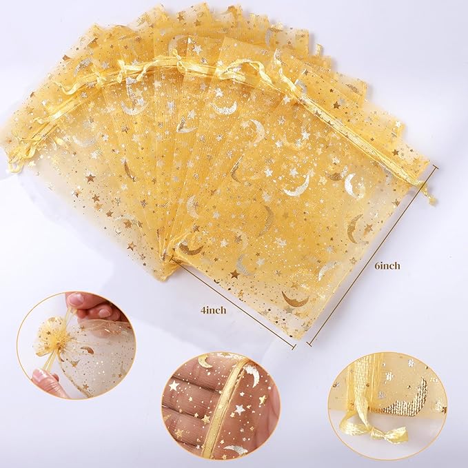 Hopttreely 100 Pieces Moon Star Organza Jewelry Candy Bags, 4x6 Inch Gold - Image 2