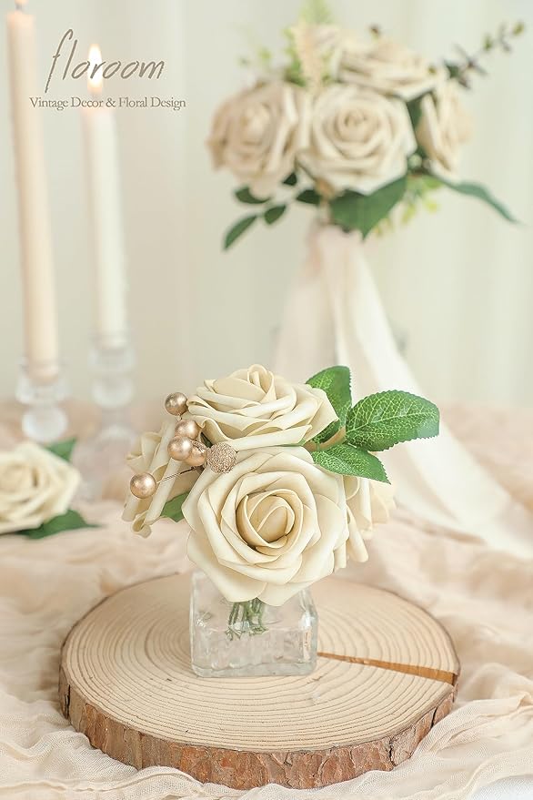 Floroom Artificial Flowers 25pcs Real Looking Beige Foam Fake Roses - Image 3