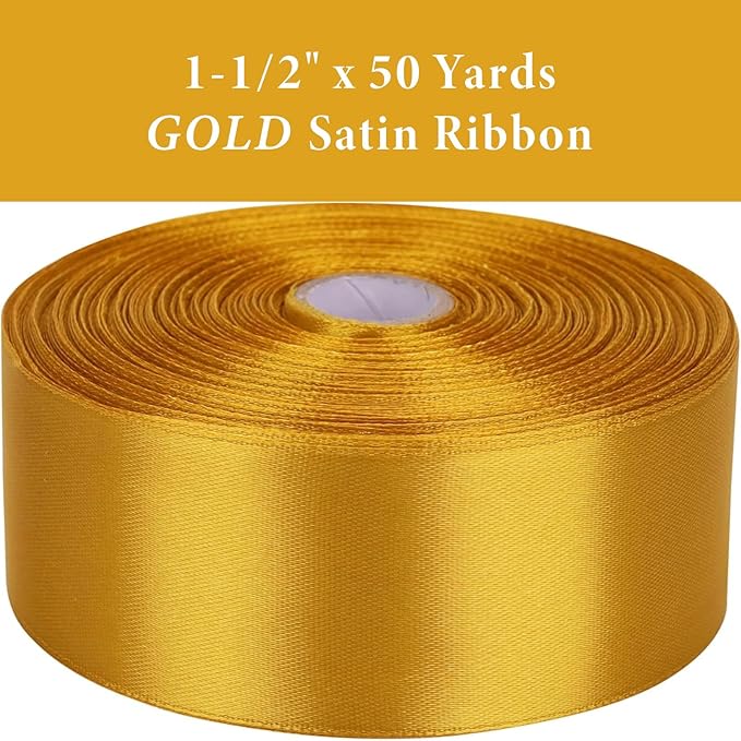 1-1/2 Inch Gold Satin Ribbon 50 Yards Solid Fabric Ribbons - Image 2