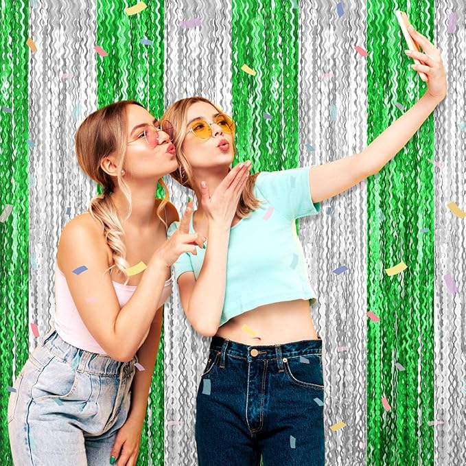 4 Pack Silver Green Wave Foil Fringe Curtain Backdrop, 3.28Ft x 8.2Ft Metallic - Image 5
