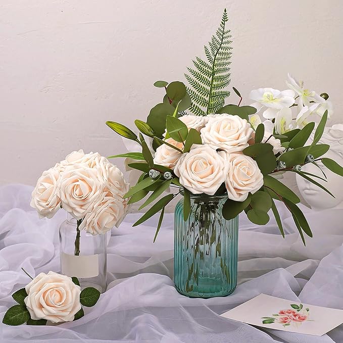 AmyHomie Artificial Flower Champagne Rose 25pcs Real Looking Fake Roses w/Stem - Image 4