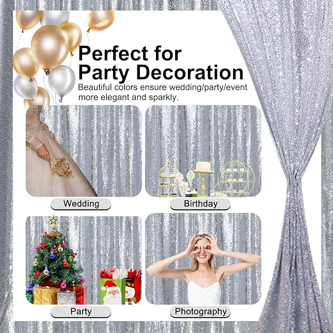 Silver Sequin Backdrop Curtains 4FTx8FT 2 Panels Sparkle Backgound Drapes - Image 5