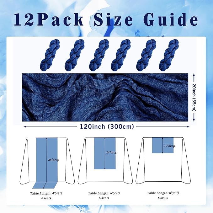 10FT 12 Pack Royal Blue Cheesecloth Table Runner 20 x 120 Inch Long Rustic - Image 2
