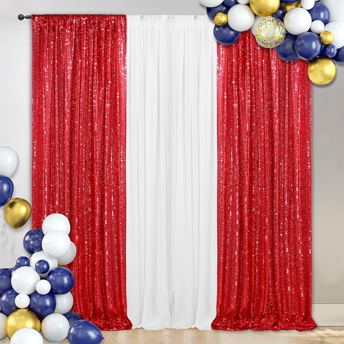 SquarePie Sequin Curtain Backdrop 2FT x 8FT Red 2pcs Background - Image 3