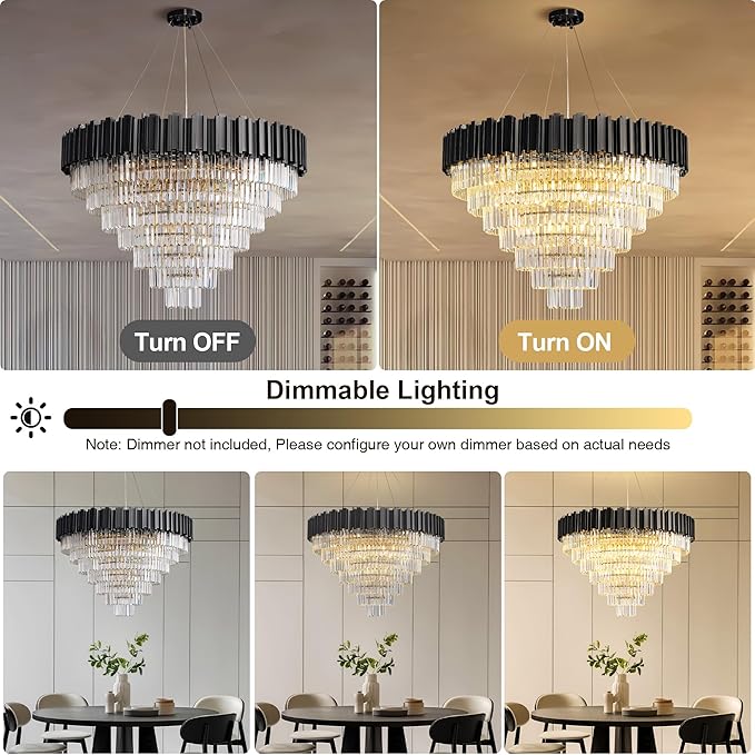 39" Black Crystal Chandelier, 21-Light Modern Luxury Round Chandelier, 7-Tier - Image 6
