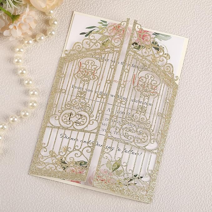 50PCS Gold Glitter Wedding Invitations Laser Cut Invitations by AdasBridal