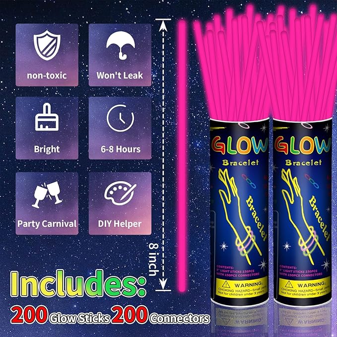 200 Pack 8'' Glow Sticks Bulk Party Favors Pink Light Up Sticks - Image 2