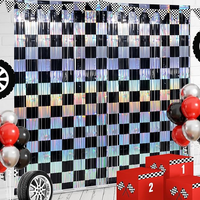 2 Pack 3.3Ft x 6.6Ft Race Car Checkered Foil Fringe Curtain Backdrop Decorations by Zachely