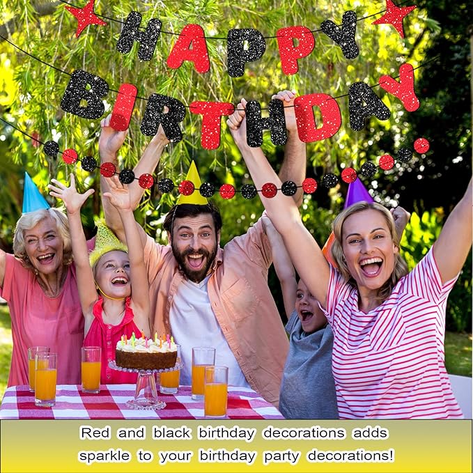 Red and Black Happy Birthday Banner Glitter Garland - Image 6