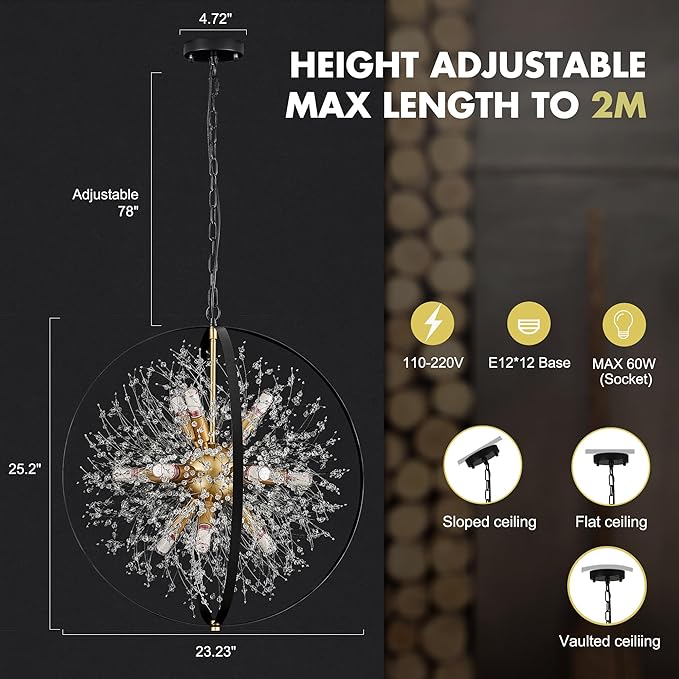 Modern Crystal Chandeliers Firework, 23.2'' Black Gold 12-Light Globe Dandelion - Image 3