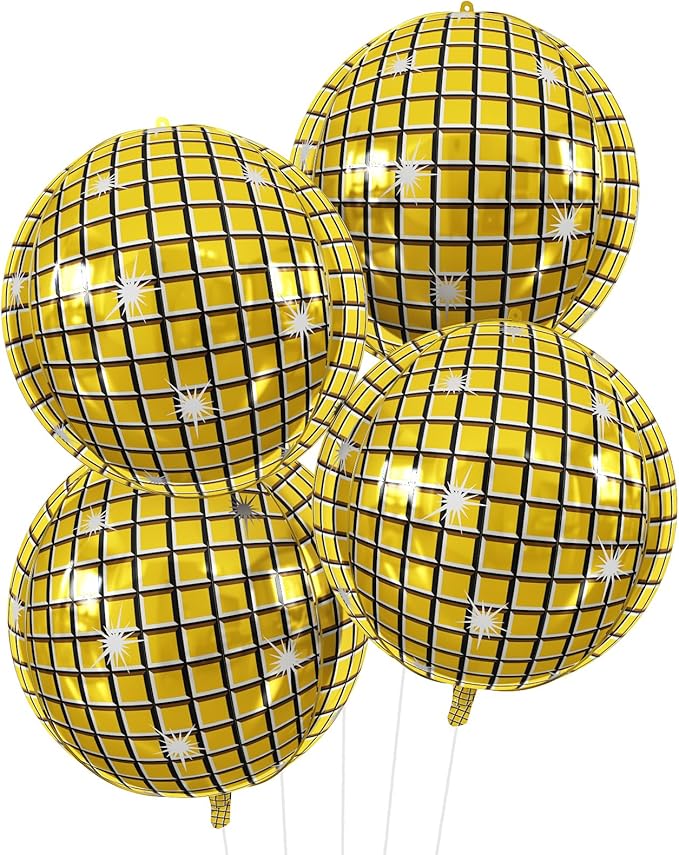 Disco Ball Balloons 4PC, Foil Disco Balloons 22 Inch 4D Round Metallic Gold by Cledeco