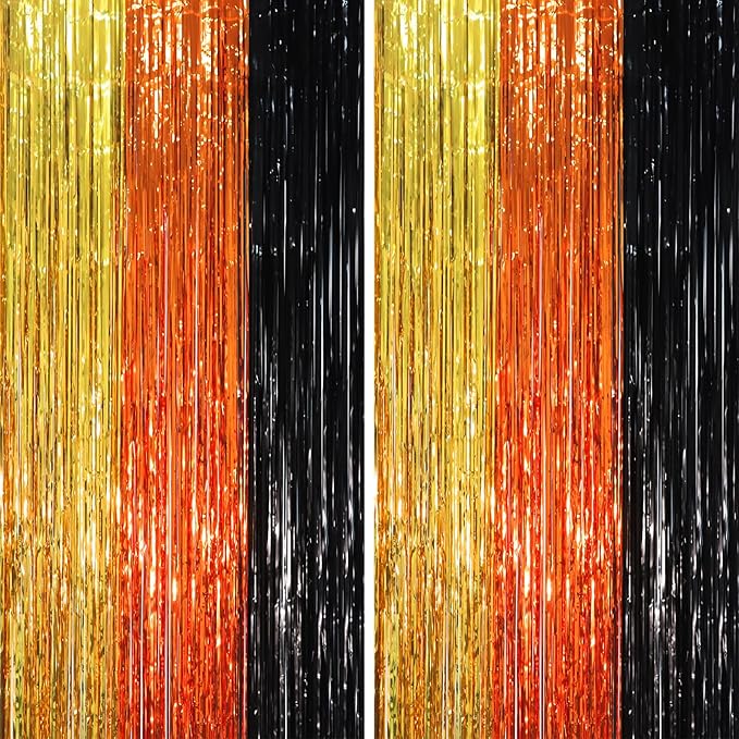 2 Pack Black Gold Orange Foil Fringe Backdrop Curtains, Tinsel Streamers Party by Voircoloria