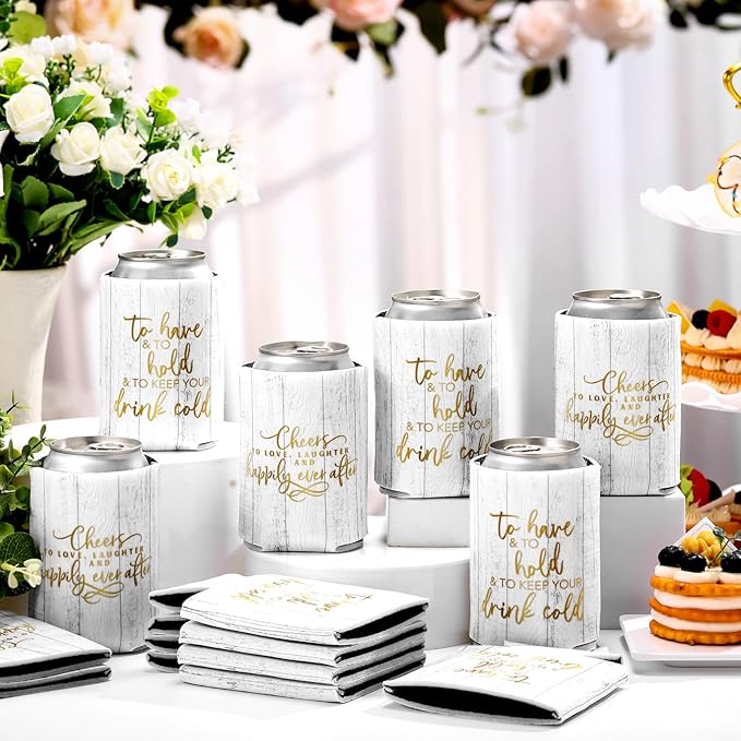 50 Pieces Wood Grain Wedding Can Cooler Sleeves Bulk Engagement Party Favors - Image 2