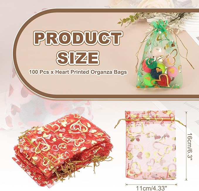 PATIKIL 100 Pcs 4x6 Inch Heart Printed Organza Bags - Image 2