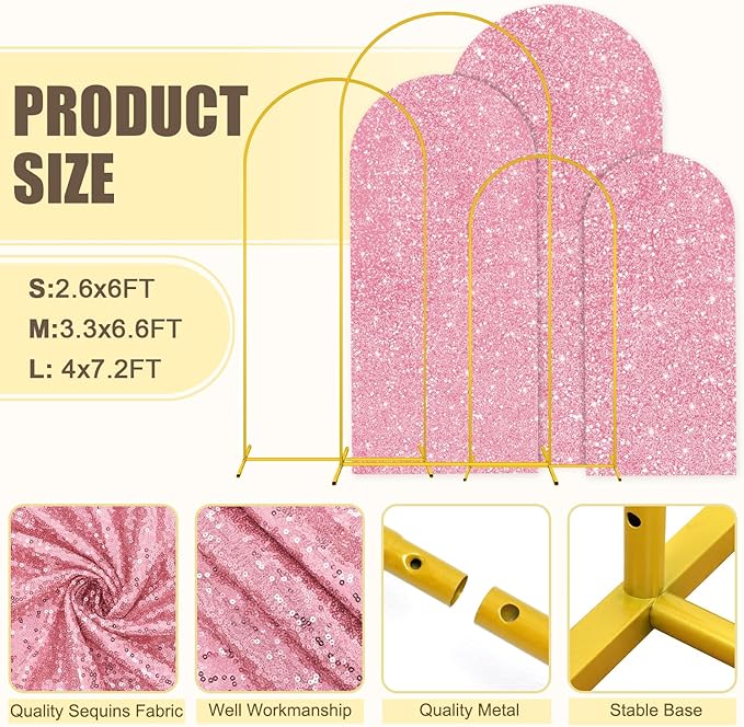 MODFUNS Metal Arch Backdrop Stand and Cover Set 6&6.6&7.2ft Pink Gold Sequins - Image 4