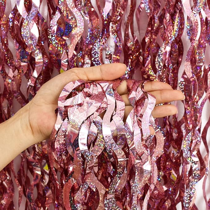 TONIFUL 3Pcs Wavy Metallic Tinsel Foil Fringe Curtains Rose Gold Streamer - Image 3