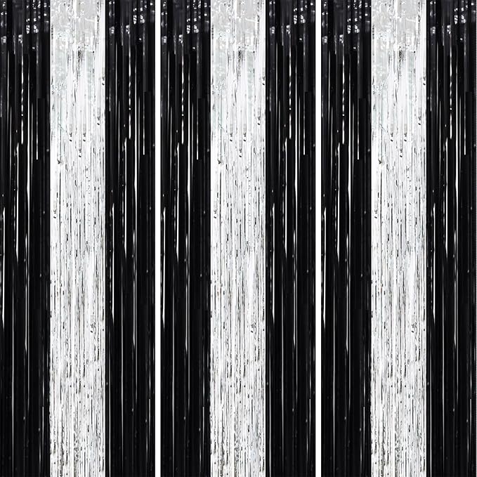 3 Pack 3.3 x 8.2 ft Black and Silver Foil Fringe Backdrop Curtains, Tinsel by Voircoloria