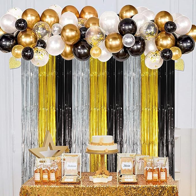 3 Pack 3.3 x 8.2 ft Black Gold Silver Foil Fringe Backdrop Curtains, Tinsel - Image 6