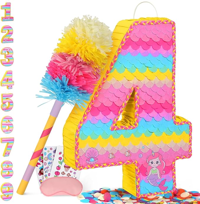 Number 4 Pinata for Birthday Party Decorations, Unicorn Mermaid Theme Pink by Pardecor