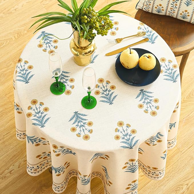 ISAENNE Designer French Pale Yellow Small Round Tablecloth, Linen Floral Table - Image 3