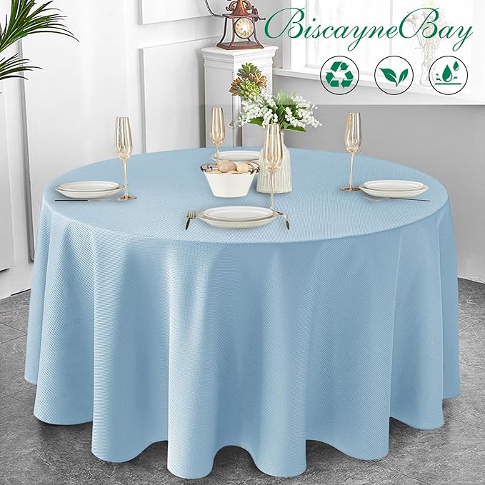 Biscaynebay Textured Fabric Round Tablecloths 108", Light Blue Water Resistant - Image 7