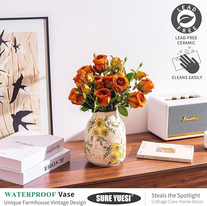 Sunflower Vintage Ceramic Yellow Floral Vase, Table Centerpieces, Kitchen - Image 4